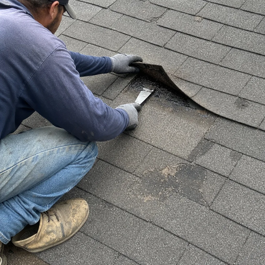 Professional roofer performing shingle maintenance and roof repair
