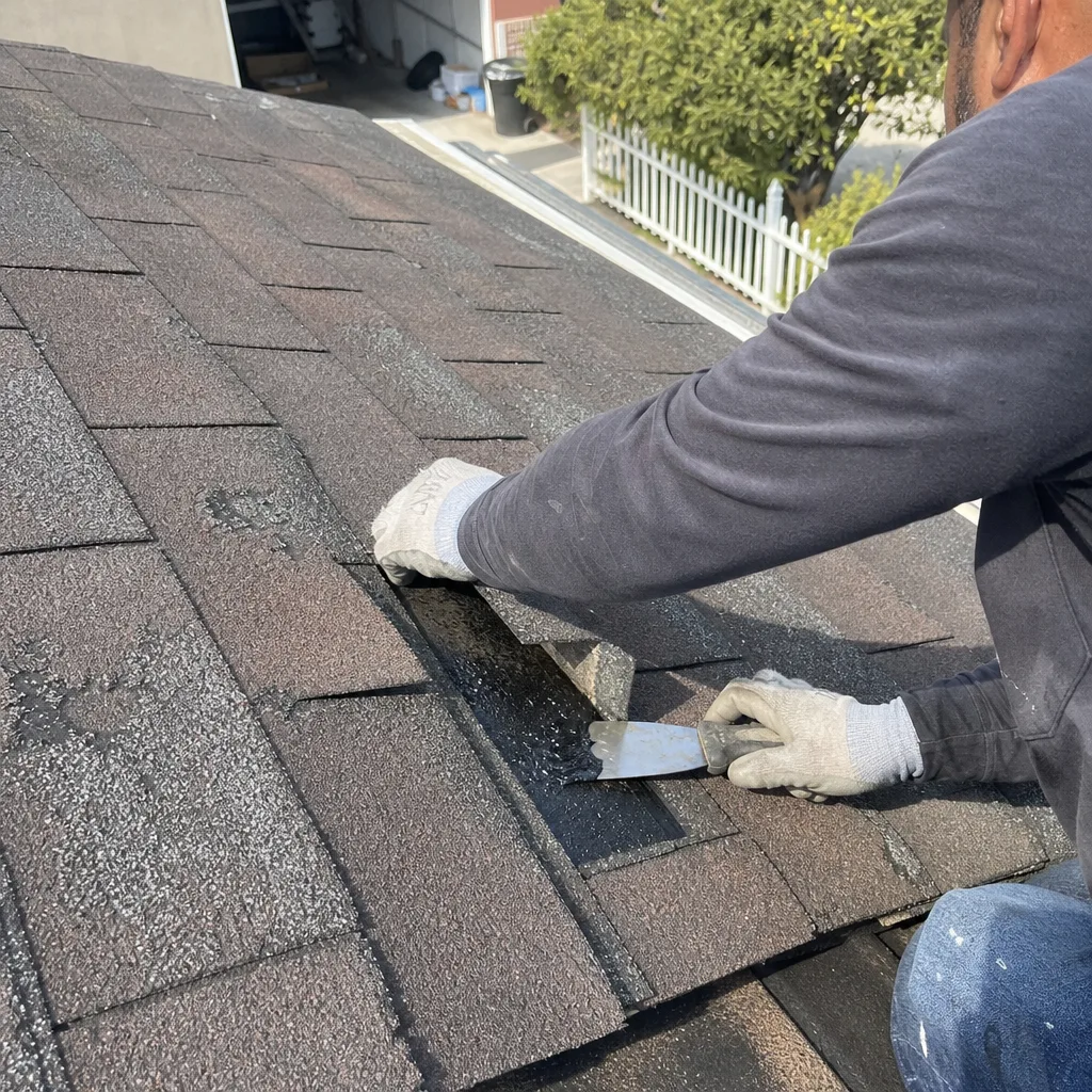 Professional roofer performing expert roof shingle repair on a residential house