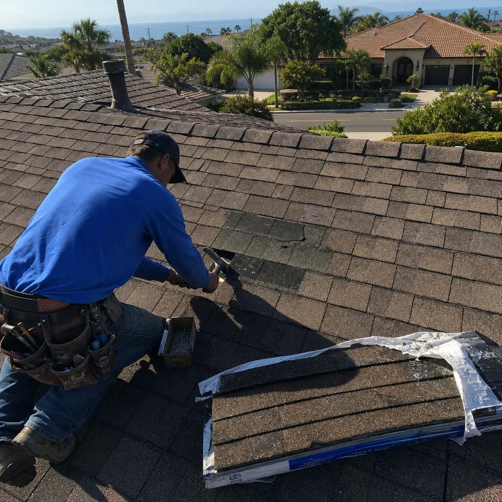 Professional roofer performing roof repair on a residential shingle roof
