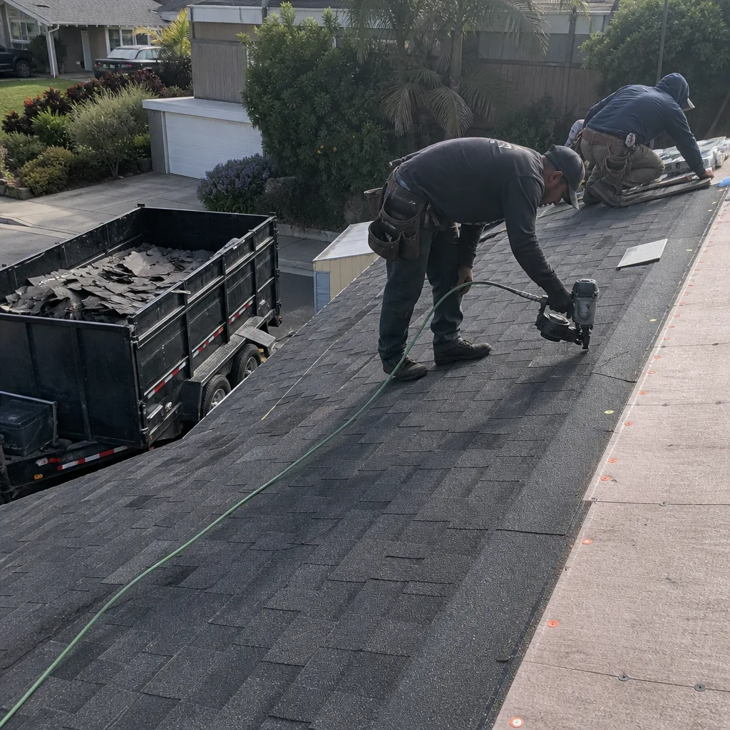 Professional contractors performing a residential roof replacement with new asphalt shingles