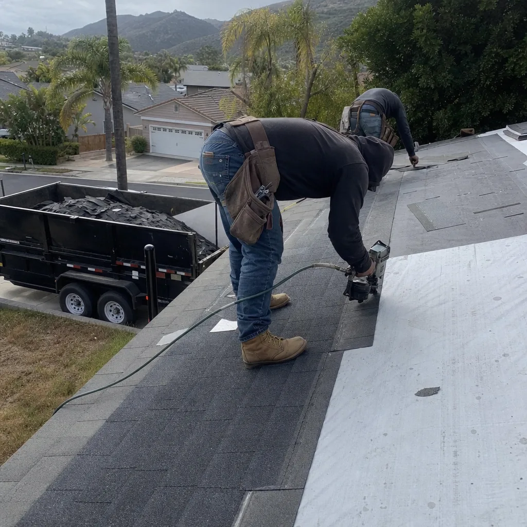 Two professional roofers installing new shingles on a residential roof
