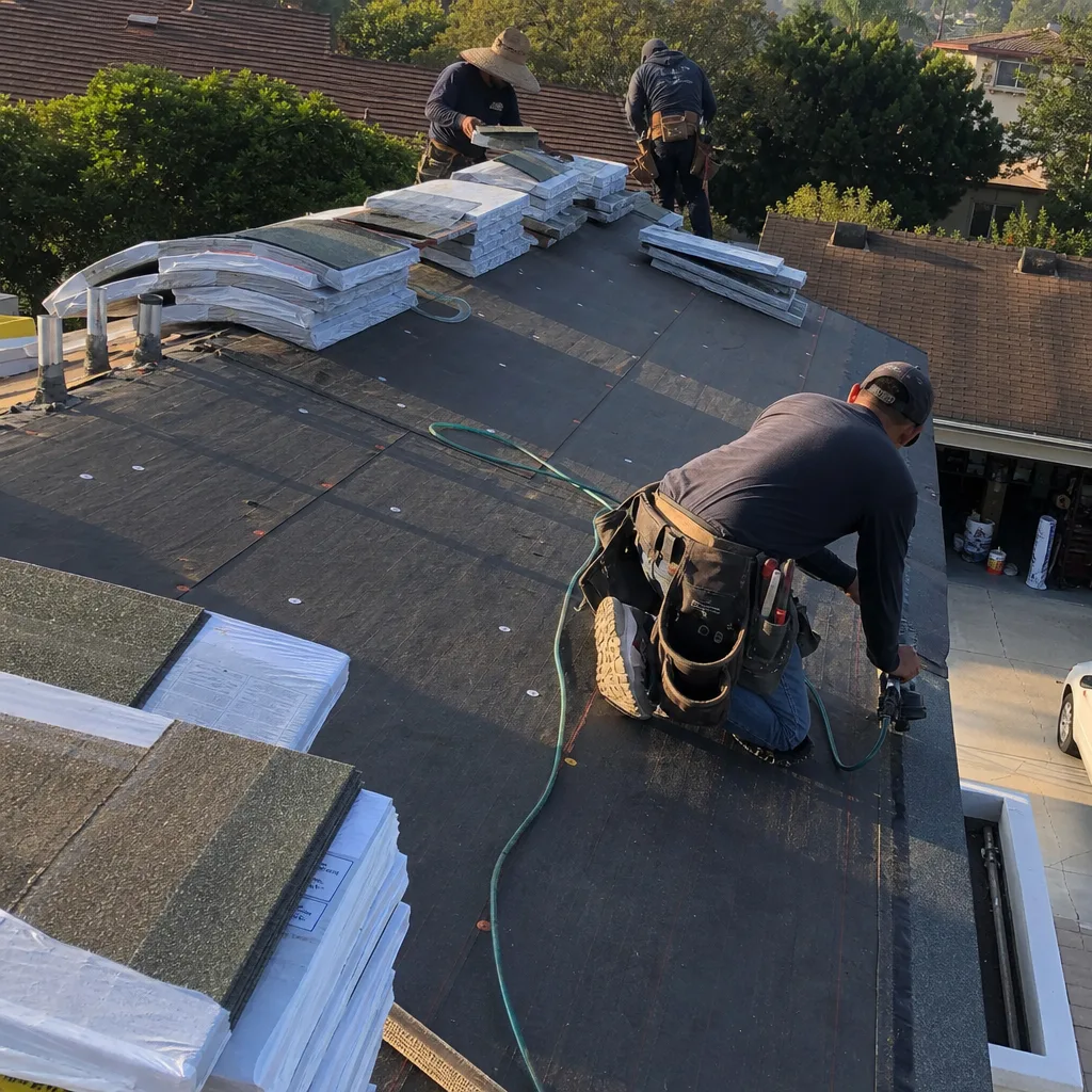 Professional roofers performing a residential roof replacement with new shingles
